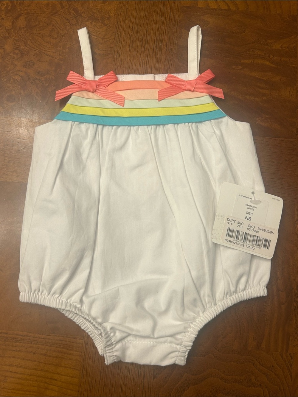 NWT-Newborn Girls Starting Out White Baby Romper with Coral Ribbon Accents